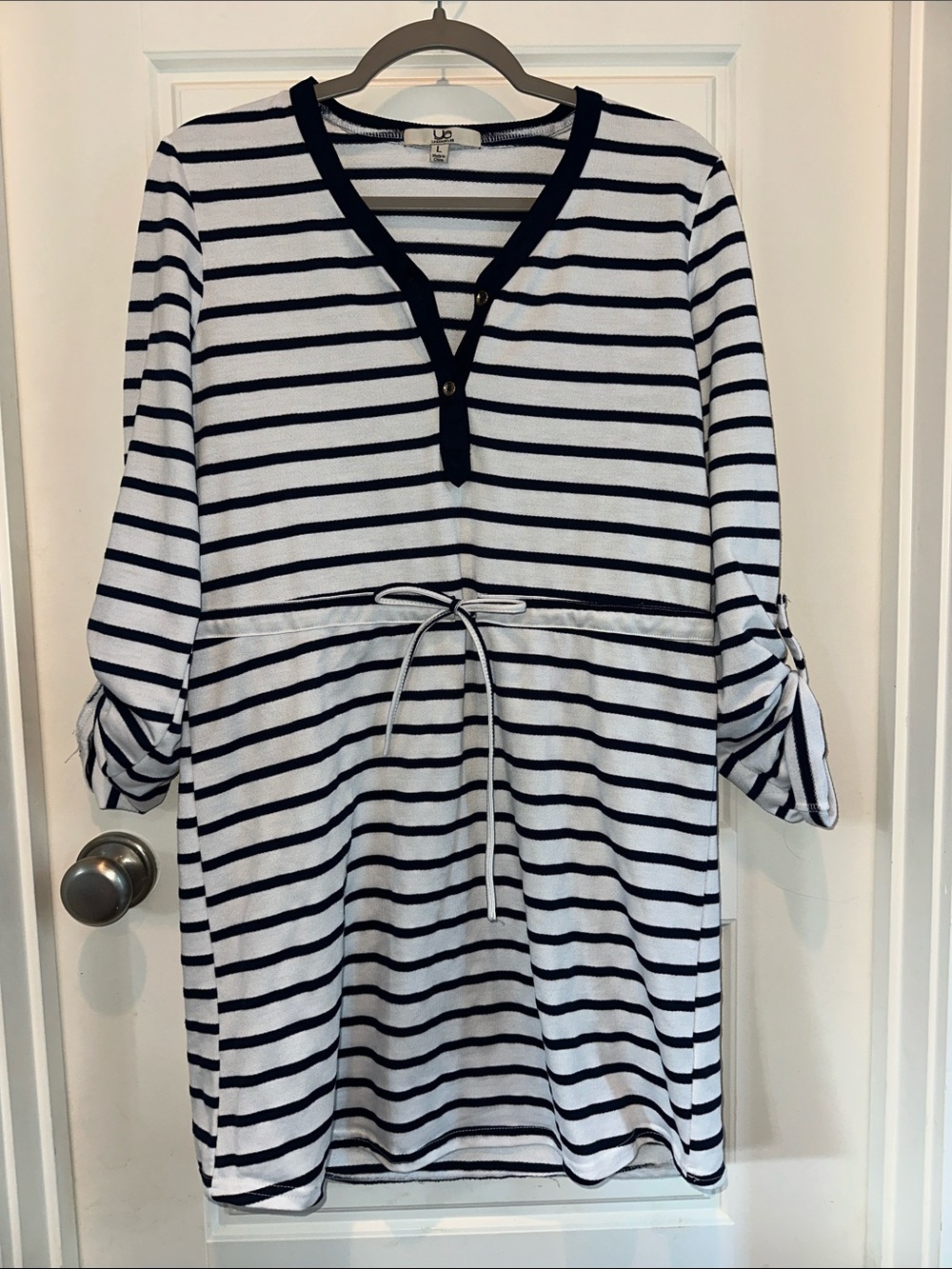 Ya Los Angeles Navy and White Striped Long Sleeve Drawstring Tunic Dress